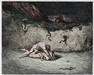 Inferno, Canto 30: El tormento de los forjadores en la novena bolgia, ilustración de La Divina Comedia de Dante Alighieri, 1885 de Gustave after Dore